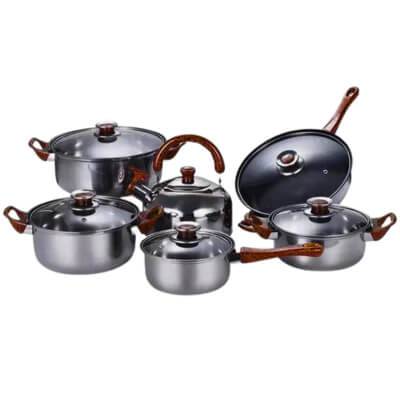 12 Piece Pot Set Stainless Steel Base with Wooden Grain Finish 